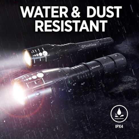 حزمة المصابيح الكاشفة التكتيكية القابلة لإعادة الشحن من DanForce LED. مصباح جيب صغير صغير + ضوء فلاش شديد التحمل، مصباح كشاف فانوس، فلتر أحمر وحافظة. شعلة عالية اللومن لـ: EDC، الطوارئ، التخييم، الشرطة in Kuwait