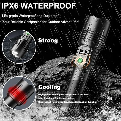 Flashlights Rechargeable High Lumens, Ultra Powerful LED 250000 Lumens Super Bright Tactical Flashlight High Power Handheld Flash Light Waterproof Zoomable 5 Modes for Camping, Emergency, Home in Kuwait