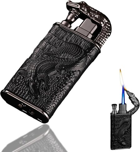 Double Flame Lighter, Windproof Lighter, Creative Embossed Crocodile Gas Lighter, Cool Dual Flame Lighter, Butane Torch Lighter Refillable, Men's Lighter Unique Gift (No Gas) (White and Blue) in Saudi Arabia