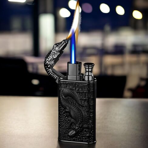 Double Flame Lighter, Windproof Lighter, Creative Embossed Crocodile Gas Lighter, Cool Dual Flame Lighter, Butane Torch Lighter Refillable, Men's Lighter Unique Gift (No Gas) (White and Blue) in Saudi Arabia