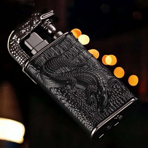 Double Flame Lighter, Windproof Lighter, Creative Embossed Crocodile Gas Lighter, Cool Dual Flame Lighter, Butane Torch Lighter Refillable, Men's Lighter Unique Gift (No Gas) (White and Blue) in Saudi Arabia