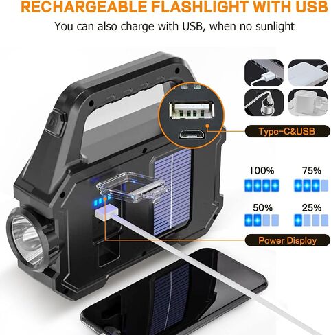 مصباح يدوي محمول بالطاقة الشمسية مع كابل USB، 6 أوضاع قابلة لإعادة الشحن وأضواء متعددة الوظائف، كشاف LED فائق السطوع، ضوء كشاف محمول خفيف الوزن مقاوم للماء لصيد الأسماك في حالات الطوارئ والتخييم في الهواء الطلق in Saudi Arabia