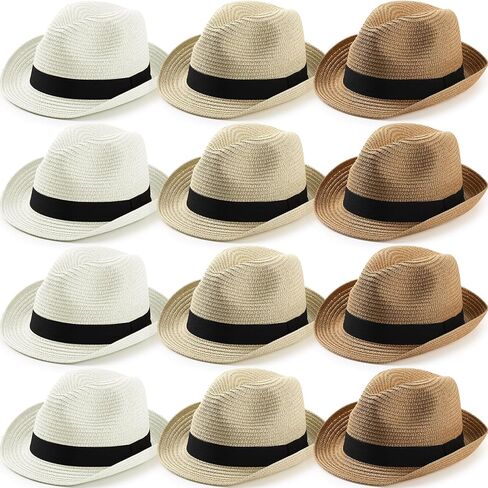 Sintege 12 قطعة قبعة صيفية للشمس للنساء والرجال قبعة من القش قابلة للطي من القش ذات حافة قصيرة بنما قبعة شاطئ بنما قابلة للتعبئة للسيدات والرجال لقضاء العطلات، كاكي بيج وأبيض in Kuwait
