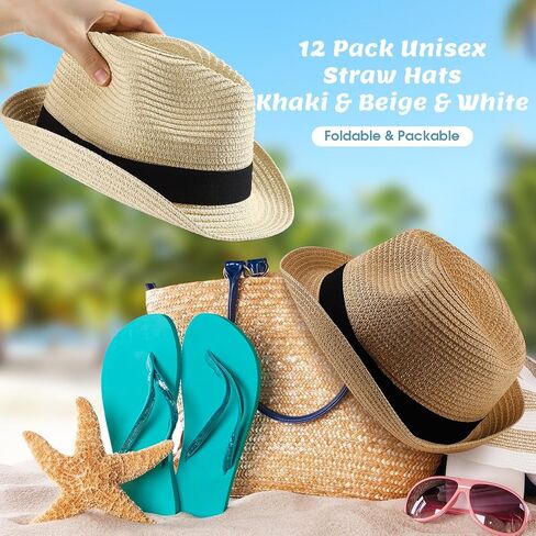 Sintege 12 قطعة قبعة صيفية للشمس للنساء والرجال قبعة من القش قابلة للطي من القش ذات حافة قصيرة بنما قبعة شاطئ بنما قابلة للتعبئة للسيدات والرجال لقضاء العطلات، كاكي بيج وأبيض in Kuwait