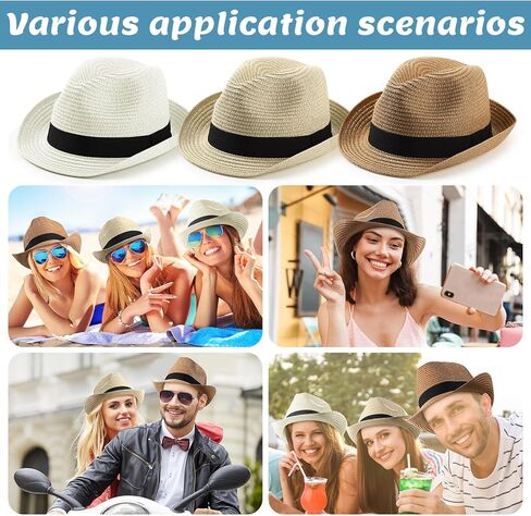 Sintege 12 قطعة قبعة صيفية للشمس للنساء والرجال قبعة من القش قابلة للطي من القش ذات حافة قصيرة بنما قبعة شاطئ بنما قابلة للتعبئة للسيدات والرجال لقضاء العطلات، كاكي بيج وأبيض in Kuwait