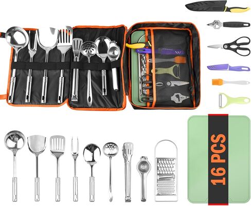 Camping Cooking Utensil Set 16 PCS Camp Kitchen Utensils Kit with Organizer Case Bag, Portable RV Camping Cooking Essentials Accessories for Cookouts Stainless Steel in Kuwait