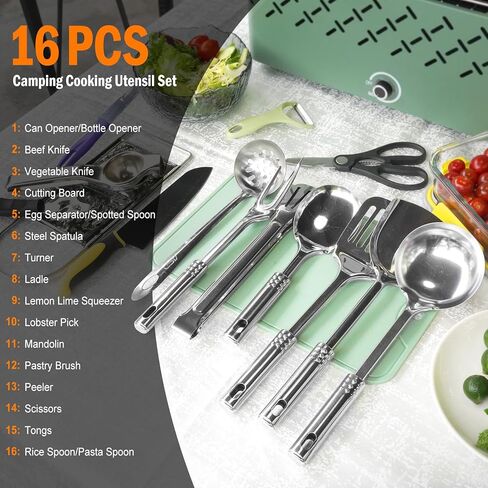 Camping Cooking Utensil Set 16 PCS Camp Kitchen Utensils Kit with Organizer Case Bag, Portable RV Camping Cooking Essentials Accessories for Cookouts Stainless Steel in Kuwait