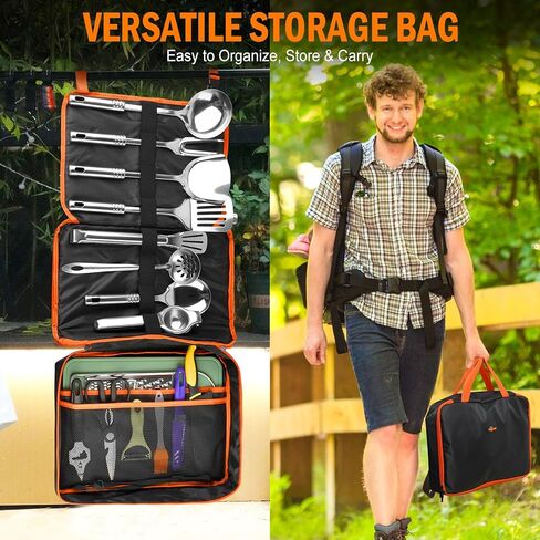 Camping Cooking Utensil Set 16 PCS Camp Kitchen Utensils Kit with Organizer Case Bag, Portable RV Camping Cooking Essentials Accessories for Cookouts Stainless Steel in Kuwait