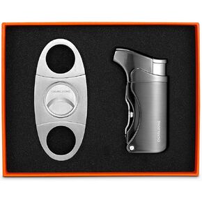 Cigar Cutter and Lighter Set, Sharp Blade Cutter Refillable Butane Lighter with Cigar Punch(Grey)
