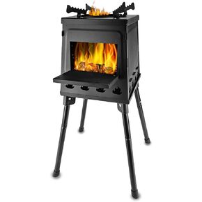Portable Wood Burning Camp Stove with Extra Long Legs, Outdoor Camping Wood Stove Cast Iron with Carrying Bag for Picnic Outdoor Hiking Backpacking Cooking, Black