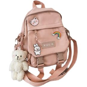 Mini Backpack Aesthetic Backpack Cute Canvas Backpack Casual Travel Daypacks Solid Color (Bag Badge Bear,Black)