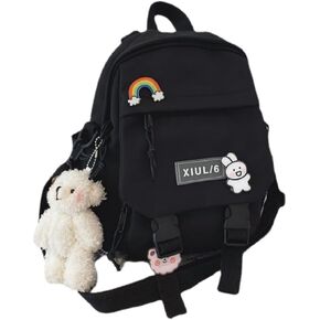 Mini Backpack Aesthetic Backpack Cute Canvas Backpack Casual Travel Daypacks Solid Color (Bag Badge Bear,Black) in Saudi Arabia