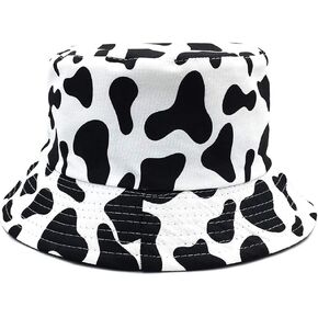 Men Women Milk Cow Dairy Pattern Bucket Hat Black White Camping Hiking Fishing Outdoor Sun Boonie Cap