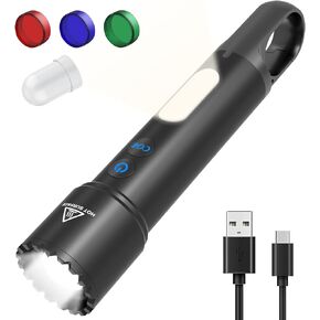 Rechargeable Flashlight, Small Tactical Flash lights with COB Red-White Side Light, 10 Modes, Portable Hook, Zoomable Super Bright Flashlights for Emergencies, Camping, Home, Travel