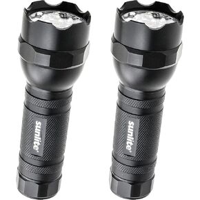 Sunlite 41780 LED Outdoor High Power Flashlight, 3-Modes, Flashlight, Strobe, Green Light, Water Resistant, Handheld, Black, 2 Count