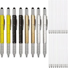 KEWAYO Pen 8pcs, 6-in-1 Multitool Tech Tool Pen with Ruler, Level, Stylus, Screwdriver, Refills, Creative Gifts for Men (yellow, black, gold, silver)