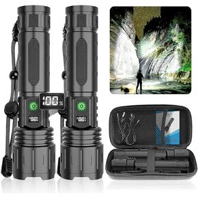 مصابيح LED قابلة لإعادة الشحن لومن عالية، 20000 لومن و1500 متر، مصباح يدوي تكتيكي قابل لإعادة الشحن فائق السطوع مع 5 أوضاع، مقاوم للماء، ضوء فلاش قوي محمول لحالات الطوارئ، والتخييم، عبوتان in Kuwait