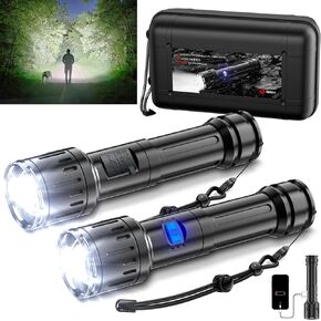Super Bright Flashlight 2 Packs, High Lumens Rechargeable Flashlight with 5 Light Modes and Supports Cell Phone Charging, IPX6 Waterproof Tactical Flashlight for Hiking, Camping