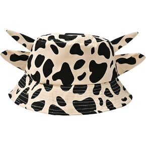 Cow Print Bucket Hat with Cute Horn Ears Cow Print Summer Beach Sun Hat Fisherman's Cow Bucket Hat