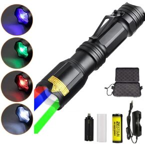 Junchi 4 Color in 1 Multicolor Flashlight Rechargeable 150000 Lumens Red White Blue Green Multi-Color RGBW LED Flashlights Zoomable Waterproof Tactical Flash Light for Night Vision Fishing Astronomy
