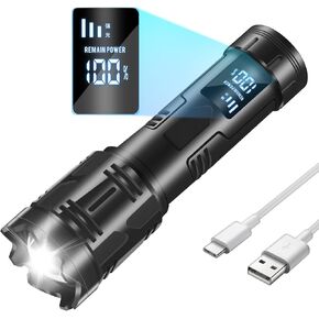 S-52 Flashlight High Lumens Rechargeable, 90000 Lumen Super Bright Led Flashlights with LCD Digital Display, IPX4 Waterproof, 4 Mode Powerful Handheld Flash Light for Camping Home Emergencies