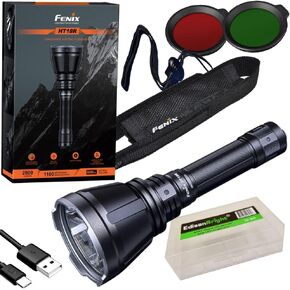 EdisonBright Fenix HT18R 2800 lumen LED hunting flashlight, USB-C rechargeable 1203 yards long throw with Red, Green Filter battery case bundle