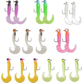 Fishing Lures Jig Head Hooks Kits - 17pcs Grub Bait Lures Soft Plastic Grub Tail Worm Lure Tubes Baits for Bass Trout Walleye Crappie
