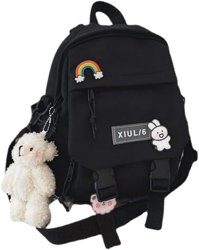 Mini Backpack Aesthetic Backpack Cute Canvas Backpack Casual Travel Daypacks Solid Color (Bag Badge Bear,Black) in Saudi Arabia