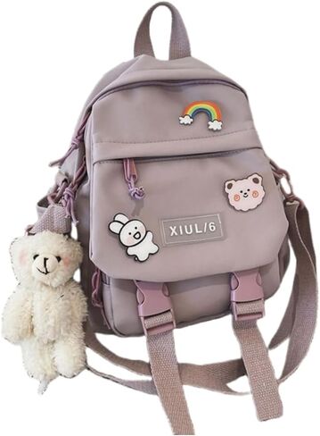 Mini Backpack Aesthetic Backpack Cute Canvas Backpack Casual Travel Daypacks Solid Color (Bag Badge Bear,Black) in Saudi Arabia