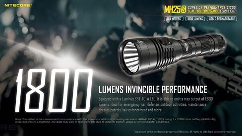 EdisonBright Nitecore MH25S 1800 Lumen USB-C قابل لإعادة الشحن 551 ياردة مصباح يدوي LED مع بطارية 5000 مللي أمبير في الساعة، حقيبة حمل بطارية الحافظة in Saudi Arabia