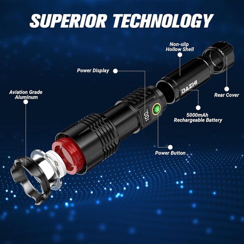 Rechargeable Led Flashlight 250000 Lumen, Super Bright Tactical Flashlight High Lumens 5 Light Modes, IPX7 Waterproof, Zoomable, Powerful Handheld Flashlight for Outdoor Emergency Camping, Hiking in Saudi Arabia