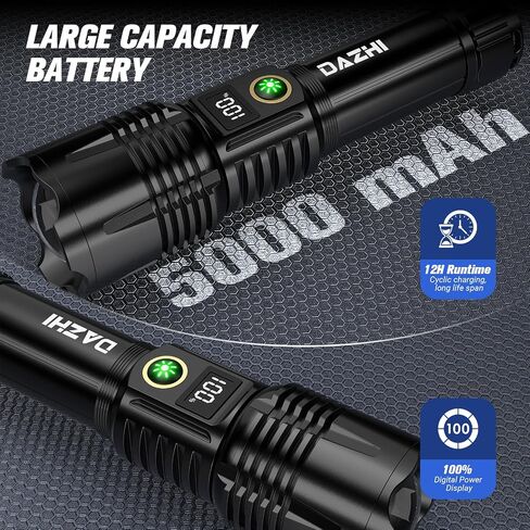 Rechargeable Led Flashlight 250000 Lumen, Super Bright Tactical Flashlight High Lumens 5 Light Modes, IPX7 Waterproof, Zoomable, Powerful Handheld Flashlight for Outdoor Emergency Camping, Hiking in Saudi Arabia