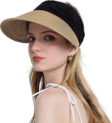 Women Sun Visor Hats Summer Straw Hat Beach Hat Wide Brim Ponytail Hat Cap Visor Sun Hats UV Protection Tennis Visor in Saudi Arabia