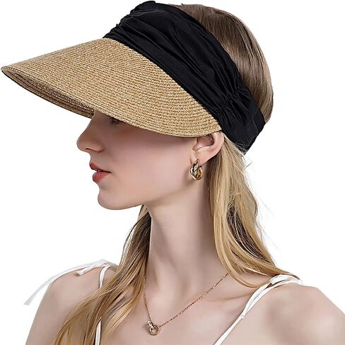 Women Sun Visor Hats Summer Straw Hat Beach Hat Wide Brim Ponytail Hat Cap Visor Sun Hats UV Protection Tennis Visor in Saudi Arabia