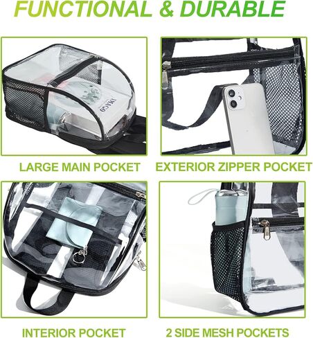 حقيبة ظهر شفافة معتمدة من الاستاد، حقيبة ظهر صغيرة شفافة مع أشرطة قابلة للتعديل، حقيبة ظهر شفافة للملعب، والحفلات الموسيقية، والرياضة، والعمل، والأمن in Kuwait