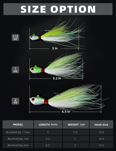 BLUEWING Bucktail Jig with High Carbon Steel Hook 2pcs Lead Head Jig Saltwater Fluke Lure Hair Jig for Bluefish, Bass Fishing, Size 0.5oz/1oz/2oz in Saudi Arabia