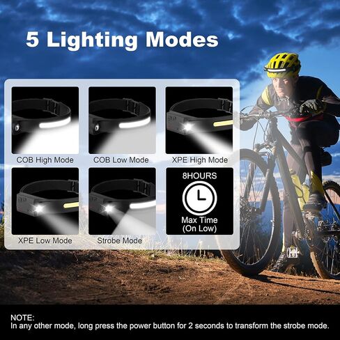 Tutuko LED Headlamp Rechargeable, Headlamp Flashlight, 230° Wide Beam Headlight with Motion Sensor, 2 COB 5 Modes Lightweight Waterproof Head Lamp with Clips for Working, Running, Camping Hiking in Saudi Arabia