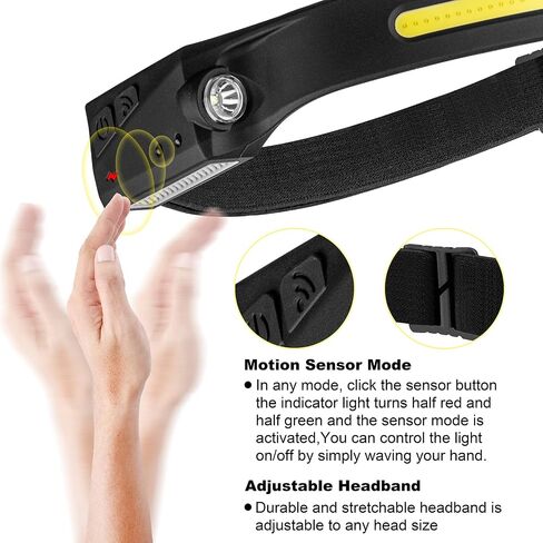 Tutuko LED Headlamp Rechargeable, Headlamp Flashlight, 230° Wide Beam Headlight with Motion Sensor, 2 COB 5 Modes Lightweight Waterproof Head Lamp with Clips for Working, Running, Camping Hiking in Saudi Arabia