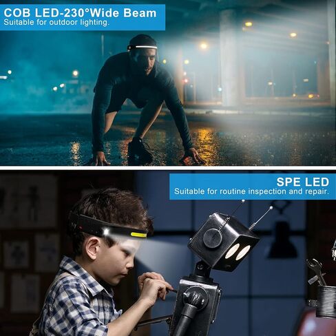 Tutuko LED Headlamp Rechargeable, Headlamp Flashlight, 230° Wide Beam Headlight with Motion Sensor, 2 COB 5 Modes Lightweight Waterproof Head Lamp with Clips for Working, Running, Camping Hiking in Saudi Arabia