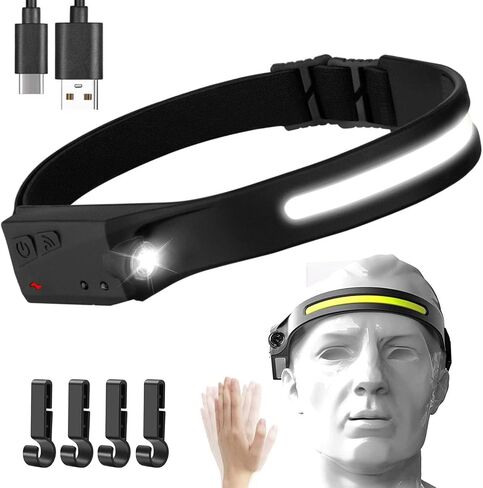 Tutuko LED Headlamp Rechargeable, Headlamp Flashlight, 230° Wide Beam Headlight with Motion Sensor, 2 COB 5 Modes Lightweight Waterproof Head Lamp with Clips for Working, Running, Camping Hiking in Saudi Arabia