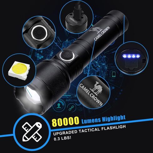 مصابيح كاشفة قابلة لإعادة الشحن من CAMEL CROWN عالية التجويف 90000 لومن LED مع 5 أوضاع IPX7 مقاومة للماء قابلة للتكبير وقابلة للتكبير تكتيكية عالية الطاقة للمنزل في الهواء الطلق in Saudi Arabia