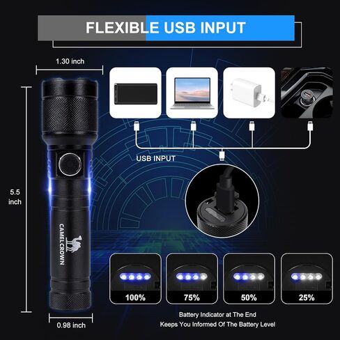 مصابيح كاشفة قابلة لإعادة الشحن من CAMEL CROWN عالية التجويف 90000 لومن LED مع 5 أوضاع IPX7 مقاومة للماء قابلة للتكبير وقابلة للتكبير تكتيكية عالية الطاقة للمنزل في الهواء الطلق in Saudi Arabia