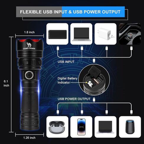 مصابيح كاشفة قابلة لإعادة الشحن من CAMEL CROWN عالية التجويف 90000 لومن LED مع 5 أوضاع IPX7 مقاومة للماء قابلة للتكبير وقابلة للتكبير تكتيكية عالية الطاقة للمنزل في الهواء الطلق in Saudi Arabia