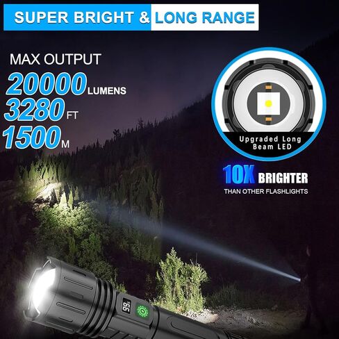 مصابيح LED قابلة لإعادة الشحن لومن عالية، 20000 لومن و1500 متر، مصباح يدوي تكتيكي قابل لإعادة الشحن فائق السطوع مع 5 أوضاع، مقاوم للماء، ضوء فلاش قوي محمول لحالات الطوارئ، والتخييم، عبوتان in Kuwait