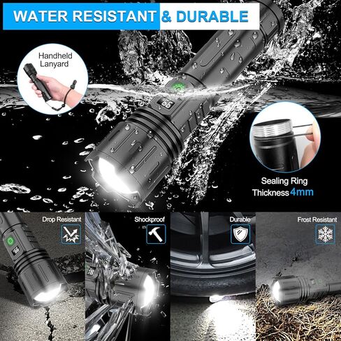 مصابيح LED قابلة لإعادة الشحن لومن عالية، 20000 لومن و1500 متر، مصباح يدوي تكتيكي قابل لإعادة الشحن فائق السطوع مع 5 أوضاع، مقاوم للماء، ضوء فلاش قوي محمول لحالات الطوارئ، والتخييم، عبوتان in Kuwait