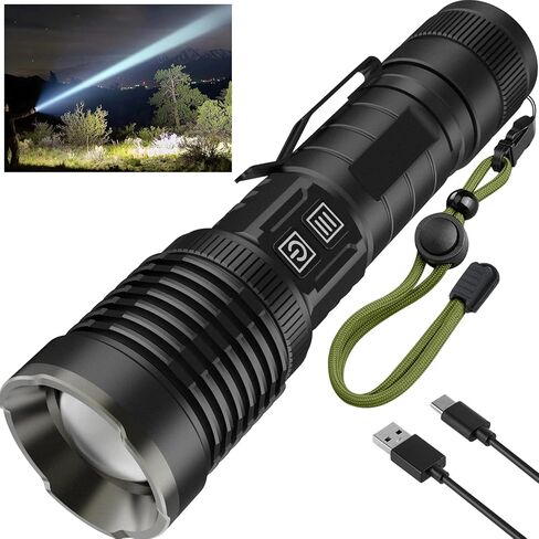 Rechargeable Flashlights High Lumens, 200000 Lumens Flashlights with Clip, Dual Switch IP67 Waterproof Super Bright LED Tactical Flashlight, USB Recharging LED Flashlights for Camping Home in Saudi Arabia