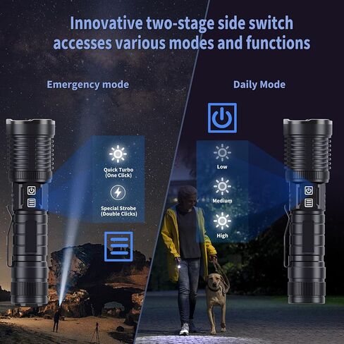 Rechargeable Flashlights High Lumens, 200000 Lumens Flashlights with Clip, Dual Switch IP67 Waterproof Super Bright LED Tactical Flashlight, USB Recharging LED Flashlights for Camping Home in Saudi Arabia