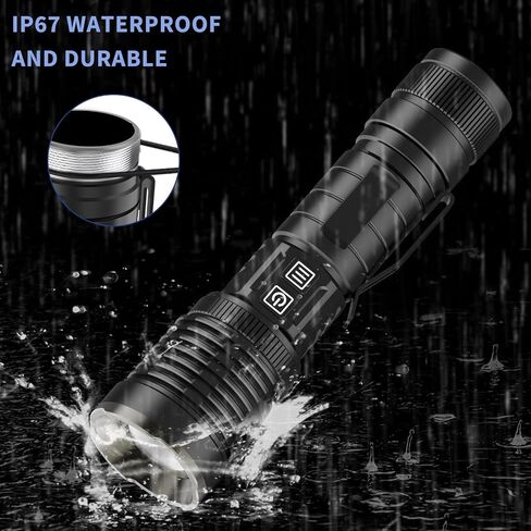 Rechargeable Flashlights High Lumens, 200000 Lumens Flashlights with Clip, Dual Switch IP67 Waterproof Super Bright LED Tactical Flashlight, USB Recharging LED Flashlights for Camping Home in Saudi Arabia
