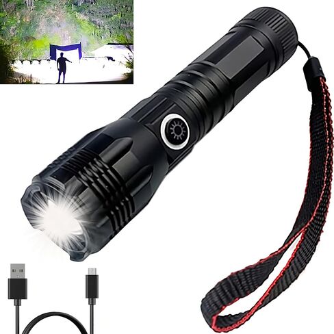 Ultra-Bright 10000 Lumen Rechargeable LED Flashlight - Zoomable, Water-Resistant, and Adjustable Brightness - Versatile Emergency Torch with 4 Modes for Outdoor Activities - Ideal for Camping, Hiking in Saudi Arabia