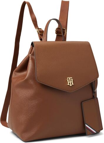 Tommy Hilfiger Gia II Gifting Hang Tag Medium Envelope Flap Backpack w/Hangoff-High Shine Saffiano PVC Cognac One Size in Saudi Arabia